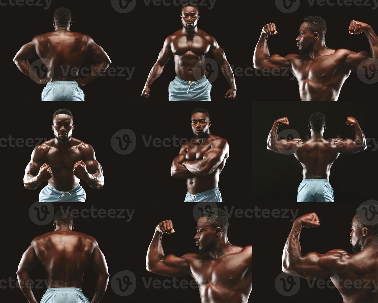A muscular African American athlete confidently poses in various stances, highlighting strength and physique in a well-lit indoor studio setting. The focus emphasizes definition and form. photo