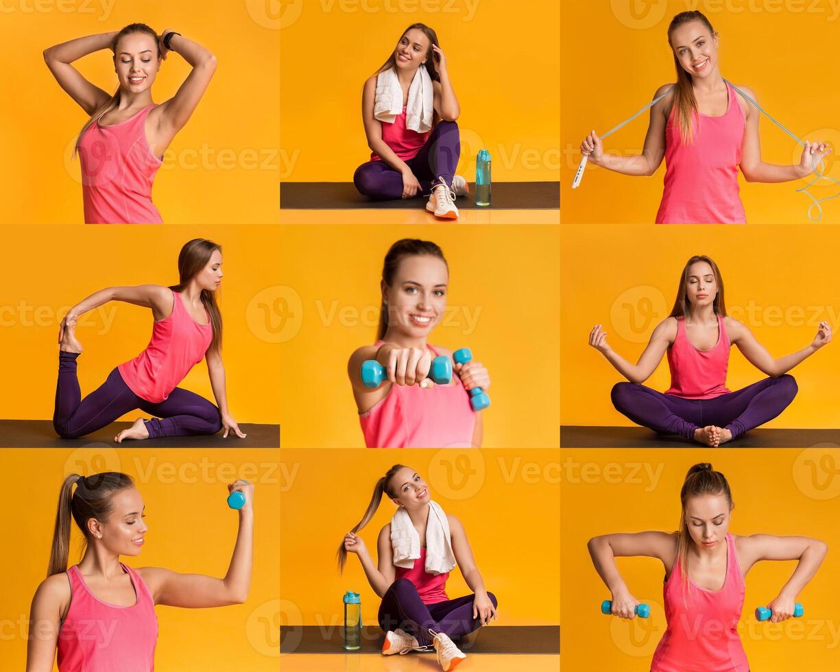 A young woman performs different workouts, including stretches and weightlifting, in a vibrant space. She maintains a positive expression while using dumbbells and a skipping rope. photo