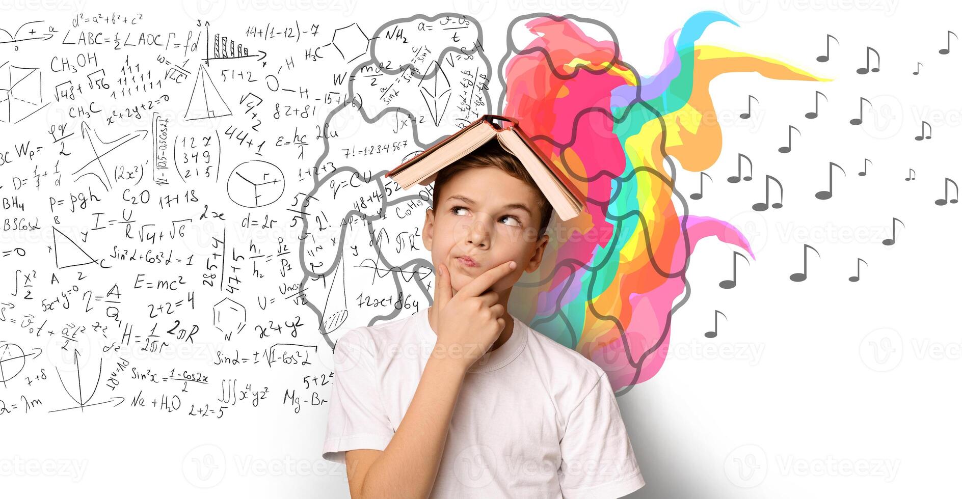 Brainwork Concept. School Boy Thinking Holding Book On Head Standing Over White Background With Brain Halves. Collage, Panorama photo