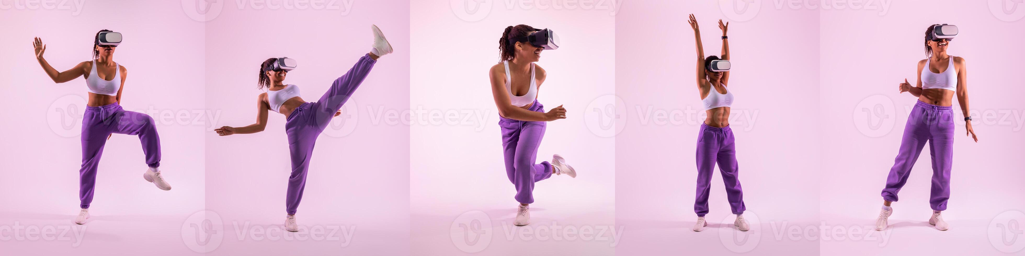 A young woman enthusiastically performs various movements while wearing a virtual reality headset. She showcases her energy and fitness during an interactive workout session. photo