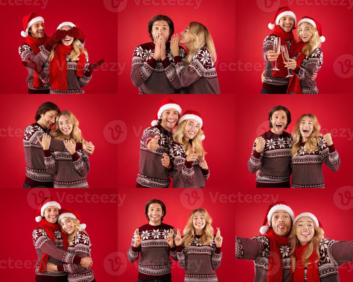 A cheerful couple in holiday sweaters is enjoying their time together, engaging in playful activities, and celebrating the festive season against a bright red backdrop. photo