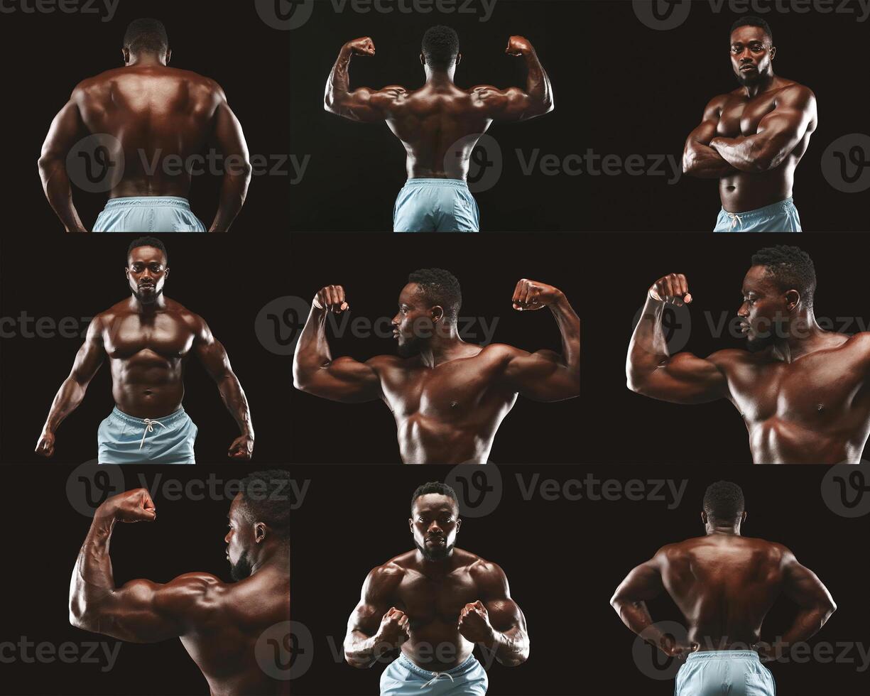 A muscular athlete flexes and poses confidently, demonstrating his strength and physique against a dark backdrop. The individual showcases different angles and expressions, highlighting dedication. photo