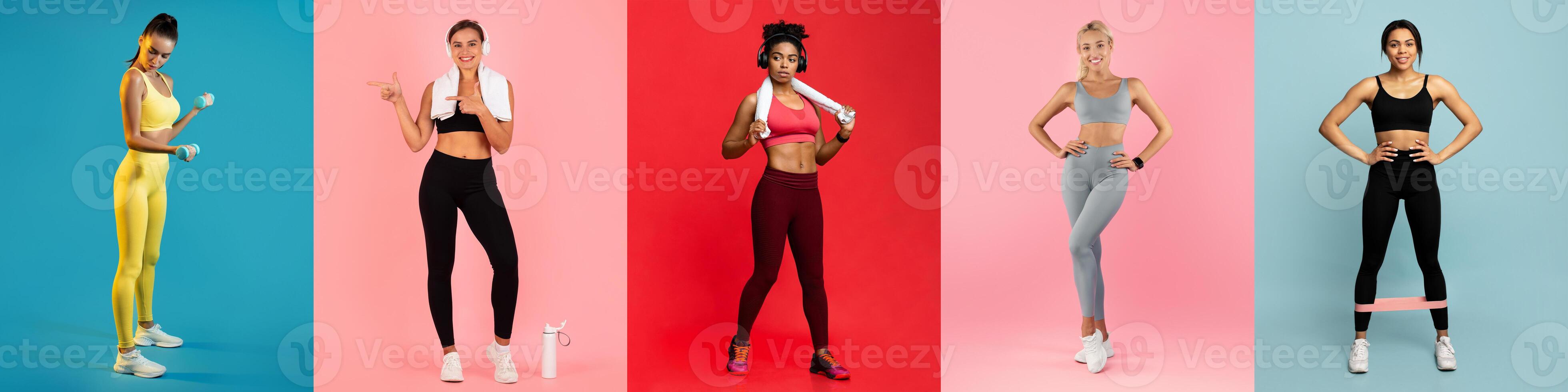Five women are posing in vibrant workout outfits against various colored backgrounds. Each showcases a unique fitness style, reflecting strength and confidence in their athleticism. photo