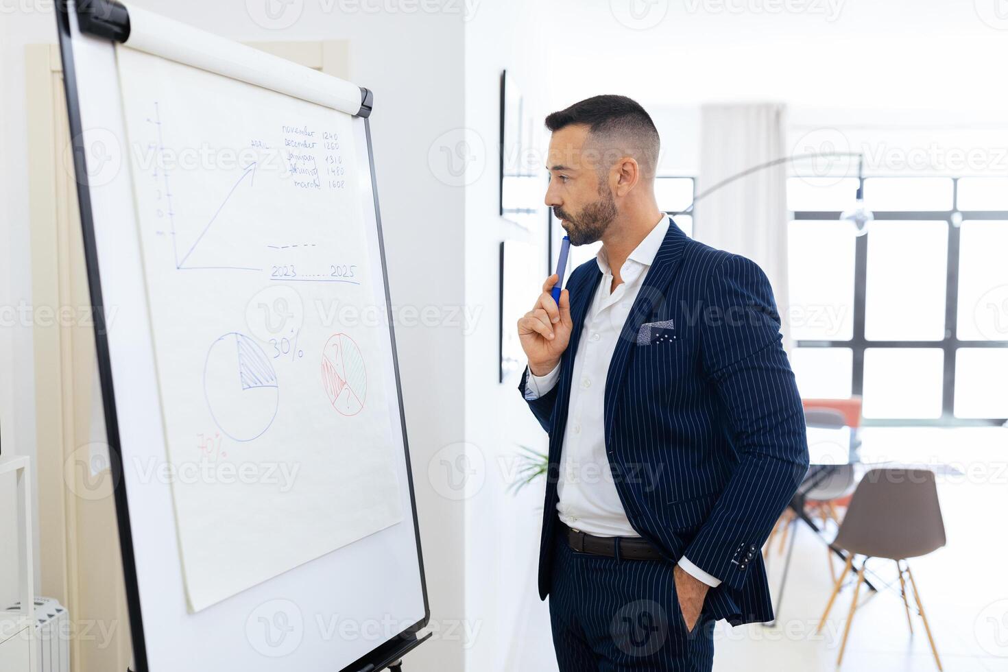 A well-dressed man stands pensively by a flip chart filled with graphs, engaged in a strategic discussion in a modern office setting during the day. photo