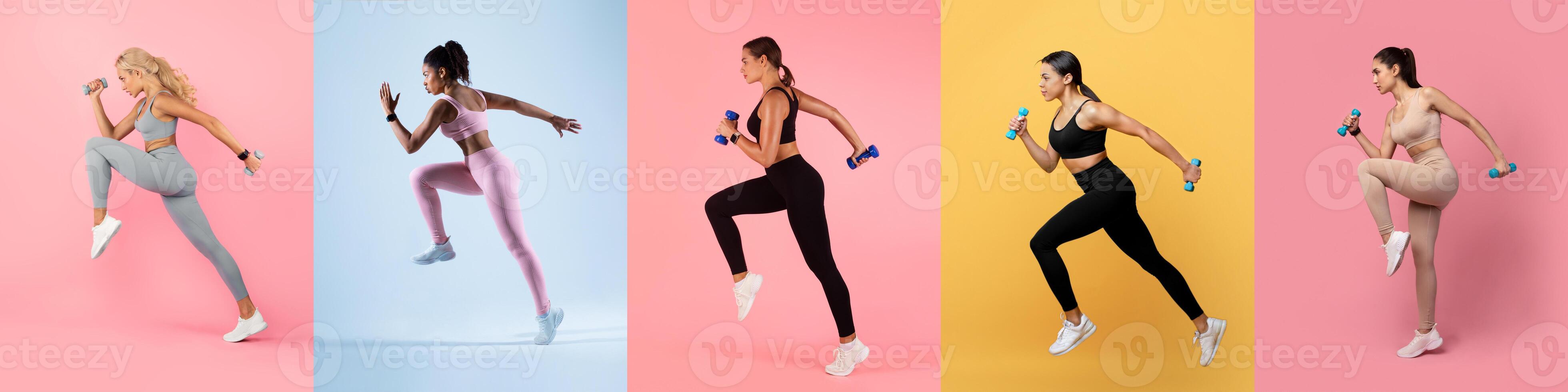 A group of women is engaged in various exercises using dumbbells, showcasing strength and fitness. The vibrant backgrounds add energy to their dynamic movements, promoting an active lifestyle. photo