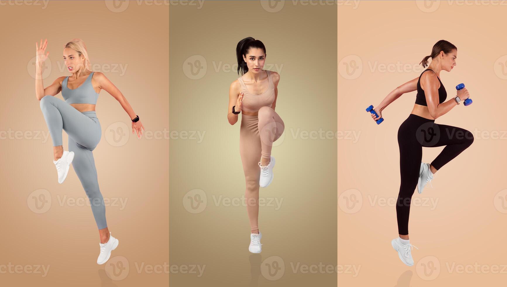 Three women demonstrate various fitness activities in stylish activewear. They engage in high knees, lunges, and weighted exercises, showcasing strength and cardio training methods. photo