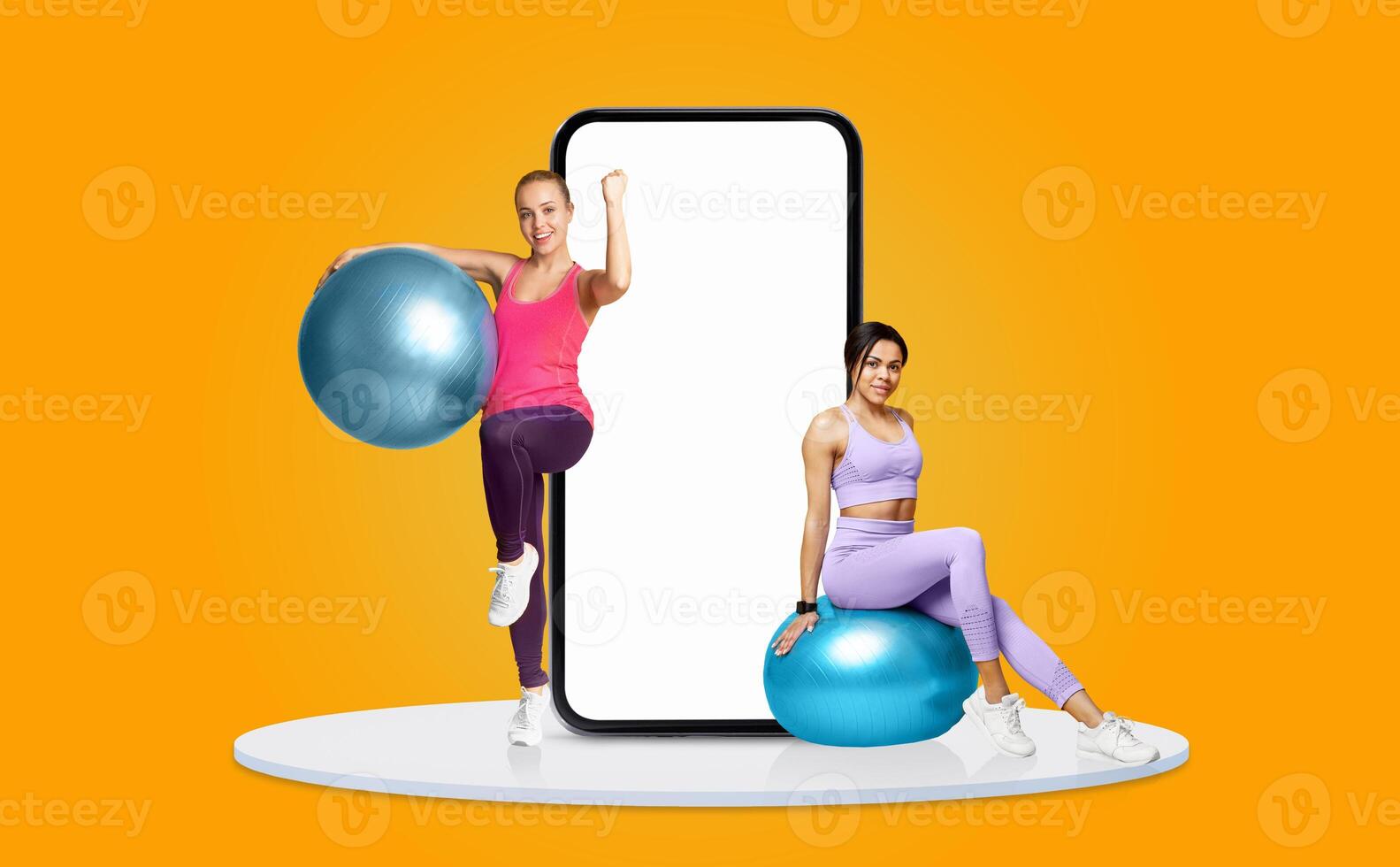 Two women are engaged in physical fitness activities with exercise balls, showcasing strength and teamwork. The bright background enhances the energetic atmosphere of the workout. photo