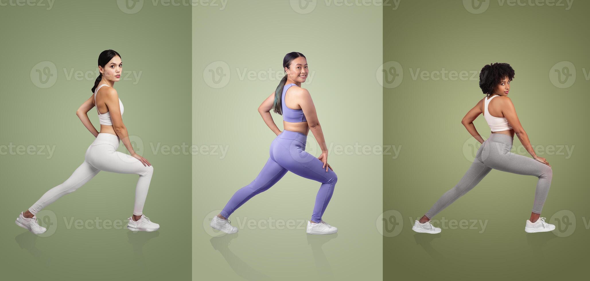 Three women are demonstrating various lunging poses in a modern studio. They wear stylish athletic outfits, each in a different color, highlighting dynamic movement and fitness. photo
