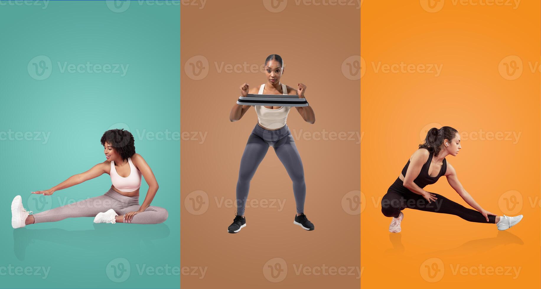 Three women perform different exercises, showcasing stretching and strength training. They are set against vibrant backgrounds, emphasizing their active lifestyles and dedication to fitness. photo
