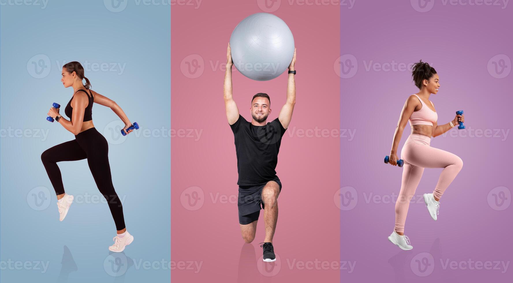 A group of individuals engages in various fitness activities indoors, showcasing a dynamic workout environment with colorful backgrounds and exercise equipment. photo