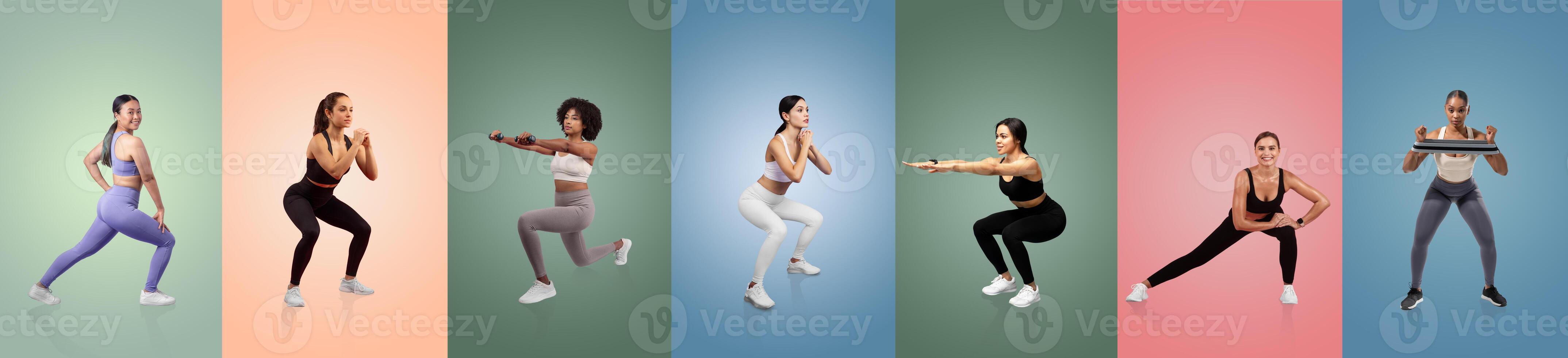 A group of women in activewear is engaged in various squat exercises against vibrant, colorful backgrounds. They demonstrate different techniques, showcasing their strength and energy. photo