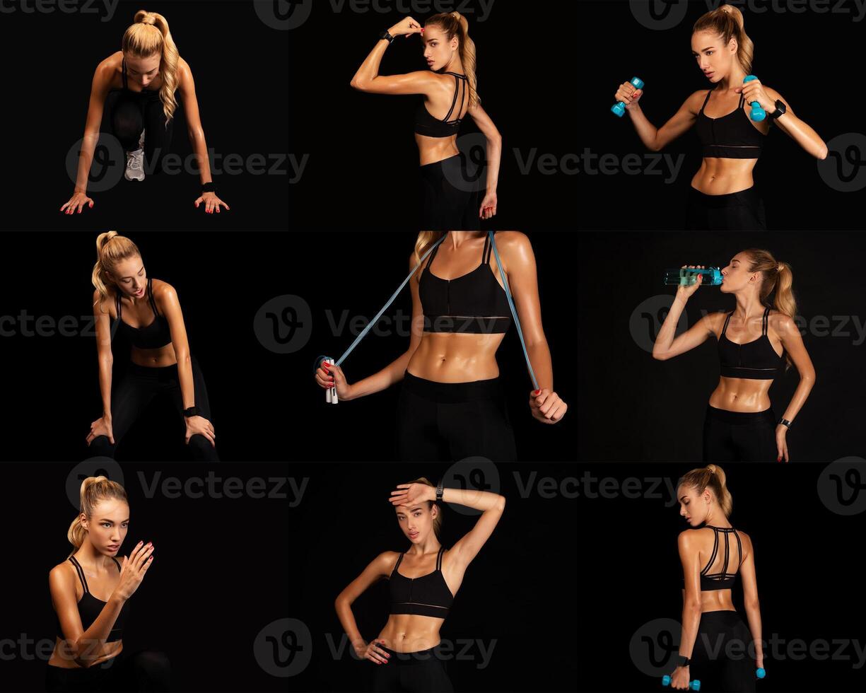 A woman performs various fitness exercises in a dark studio, displaying strength and agility with weights, resistance bands, and focused movements showcasing her dedication to fitness. photo