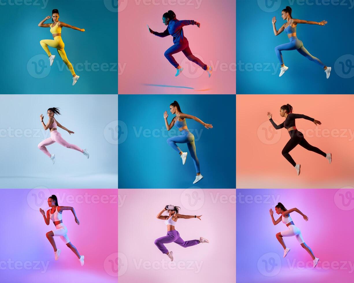Multiple models showcase different athletic outfits while performing energetic jumps against colorful backgrounds, highlighting movement and style in fitness fashion. photo