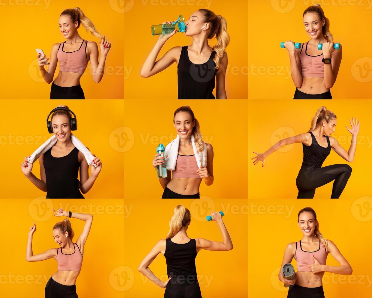 A young woman is seen in multiple energetic poses, including drinking water and lifting weights, showcasing her active lifestyle in front of a bright yellow background. photo