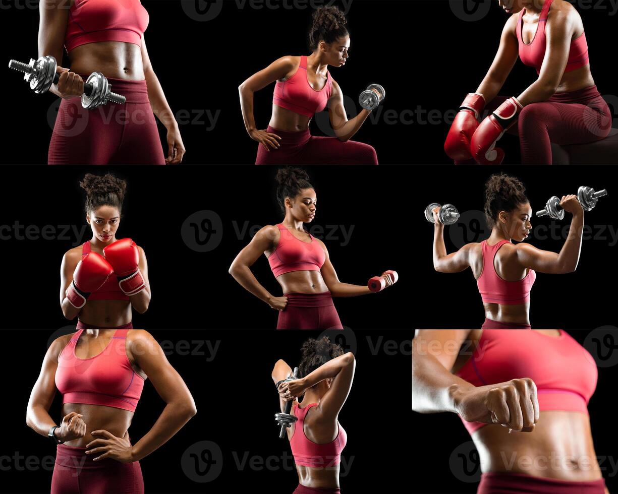 A dedicated black woman demonstrates her fitness journey by performing various exercises with dumbbells and boxing gloves, highlighting strength training and agility during intense workout session. photo