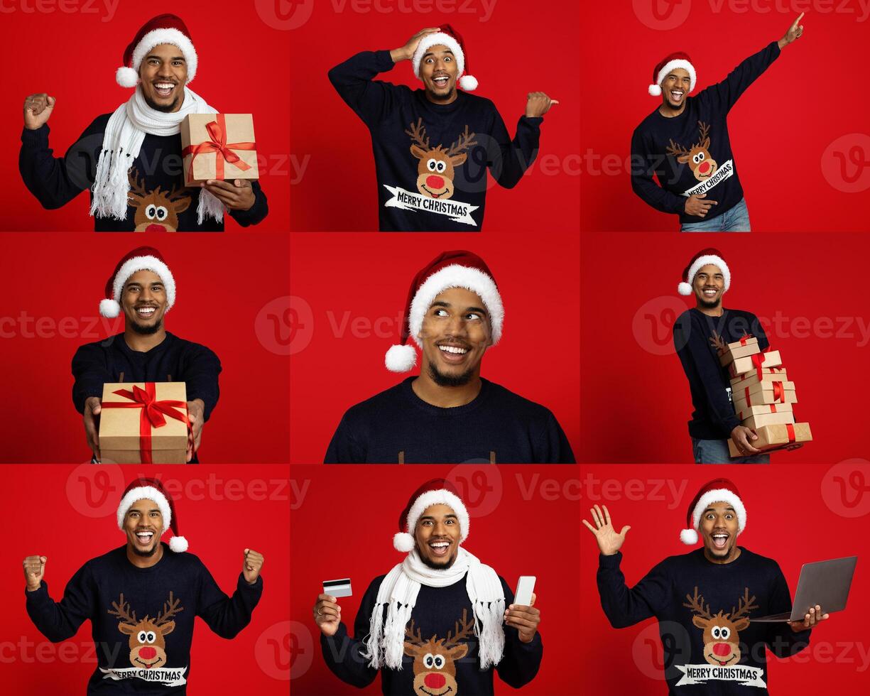 A cheerful young black man dressed in a festive sweater and Santa hat joyfully poses with various gifts against a bright red background. His expressions showcase excitement and holiday spirit. photo