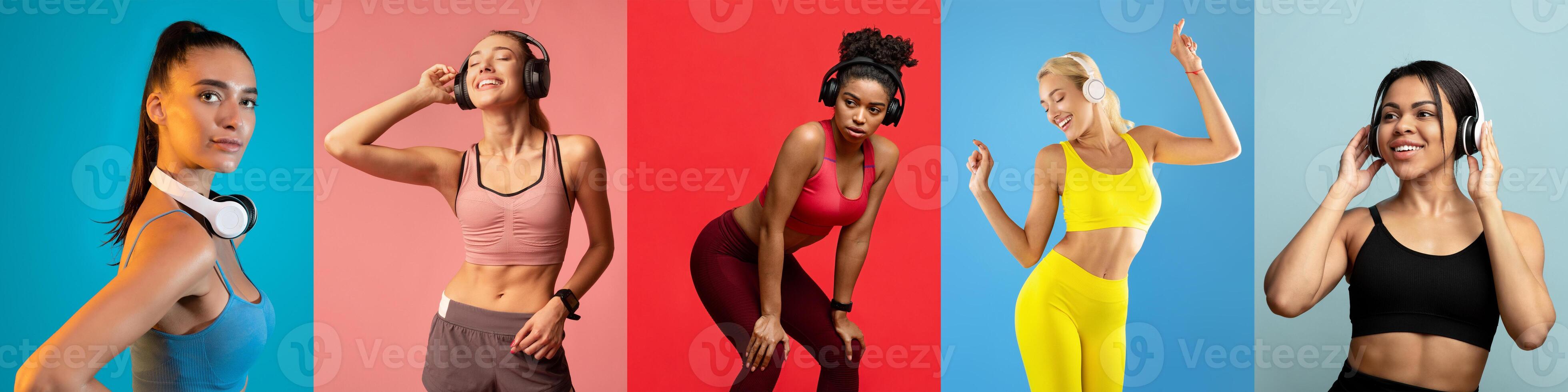 A diverse group of five women, wearing vibrant workout clothing, are engaged in various activities while wearing headphones. They display joy and enthusiasm in a colorful setting. photo