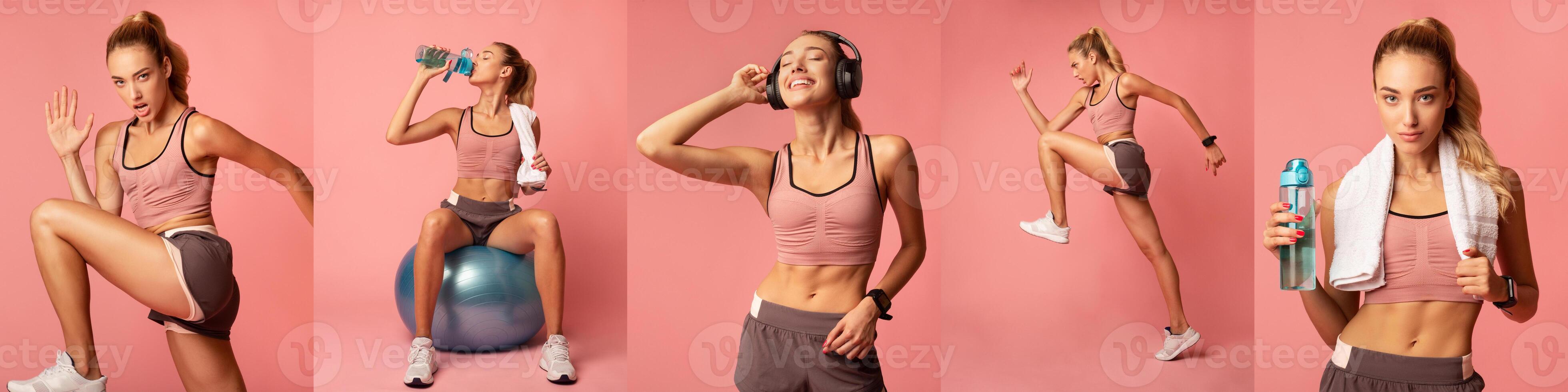 A fit individual showcases multiple workout routines, including stretching and using fitness equipment, in a vibrant, well-lit gym environment. The energy is high and motivating. photo