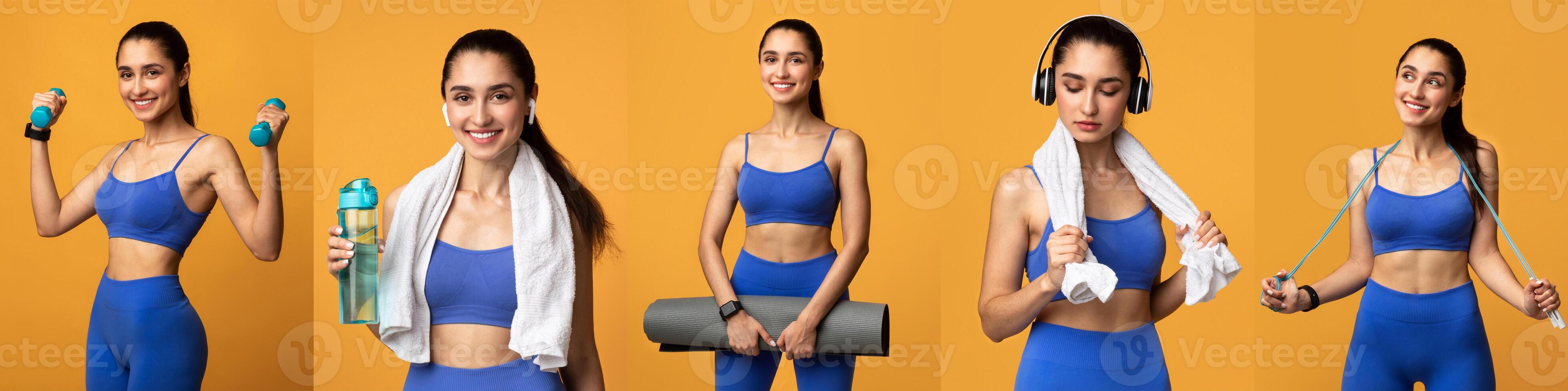 A woman engages in various fitness activities, smiling while holding weights and a water bottle. She wears athletic gear and showcases her workout routine with enthusiasm and energy. photo