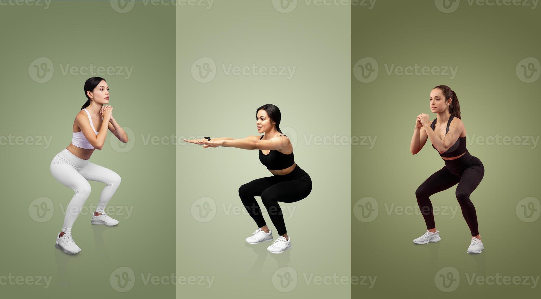 A fitness enthusiast showcases three types of squats in different athletic outfits. This demonstration highlights proper posture and form for effective exercise routines. photo