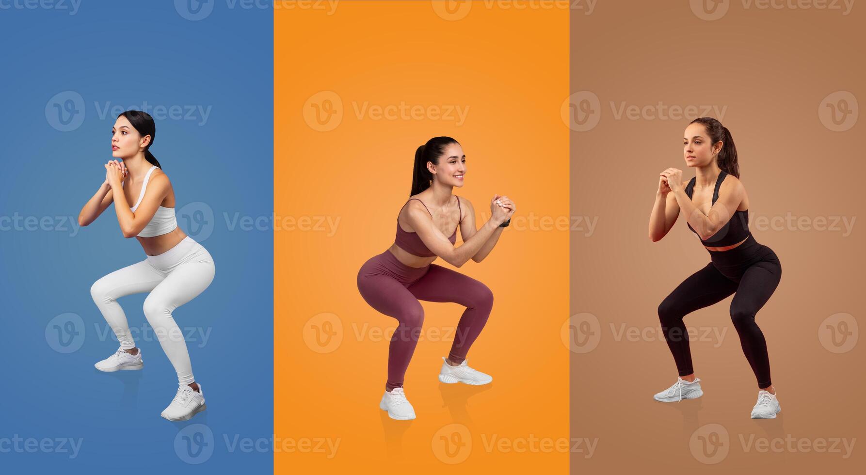 Three women perform squat exercises in a fitness studio, each wearing colorful athletic wear against bold backgrounds. They focus on form and balance during their workout session. photo