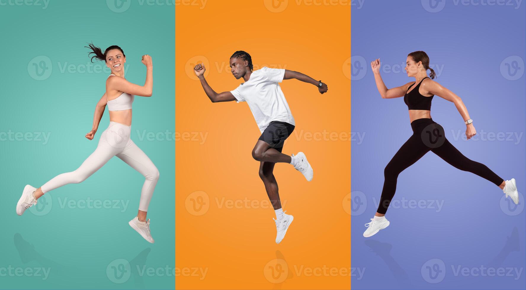 Three athletes, a woman in white, a man in white, and a woman in black, exhibit energetic running poses against bright, colorful backgrounds, embodying vitality and fitness. photo