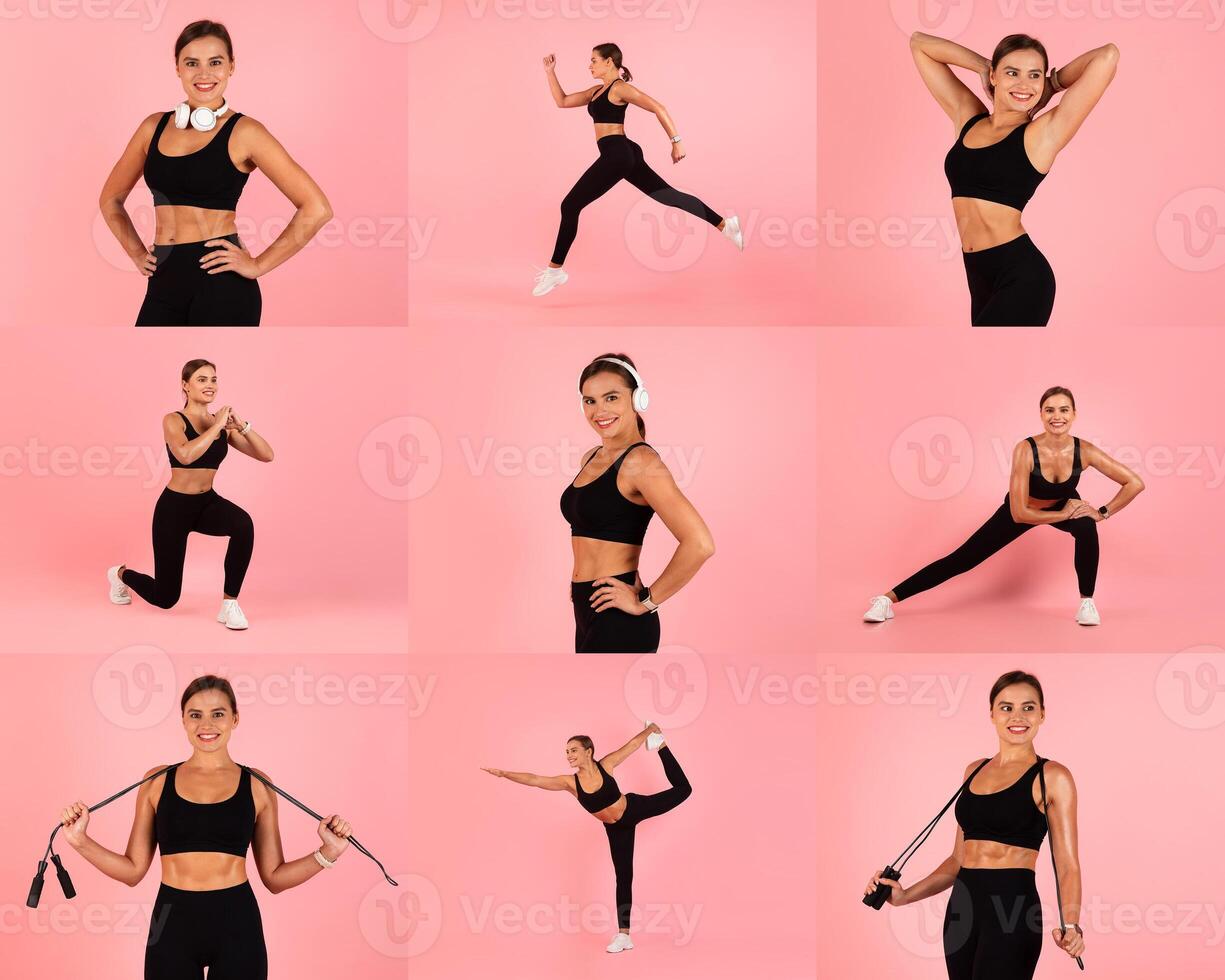 A woman showcases her fitness routine, performing exercises like lunges and stretches, wearing workout attire. The bright pink backdrop creates a lively atmosphere for her energetic workout. photo