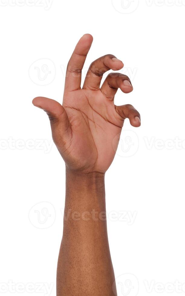 Black hand with virtual smartphone isolated on white background. African american man holding card, phone or other, void photo