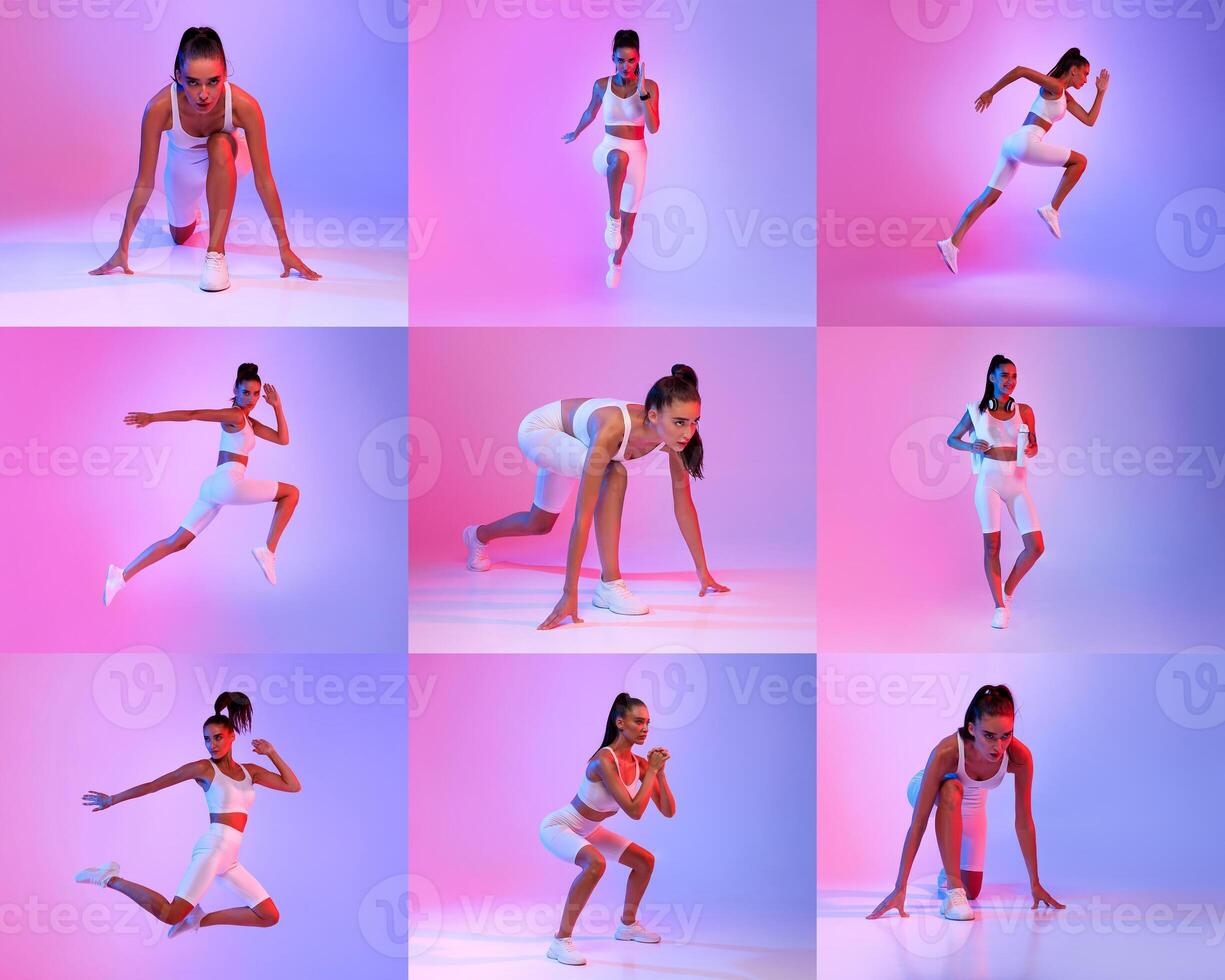 A fitness enthusiast performs a variety of dynamic exercises in a colorful studio setting. The vibrant backdrop enhances her athletic movements, capturing energy and focus. photo