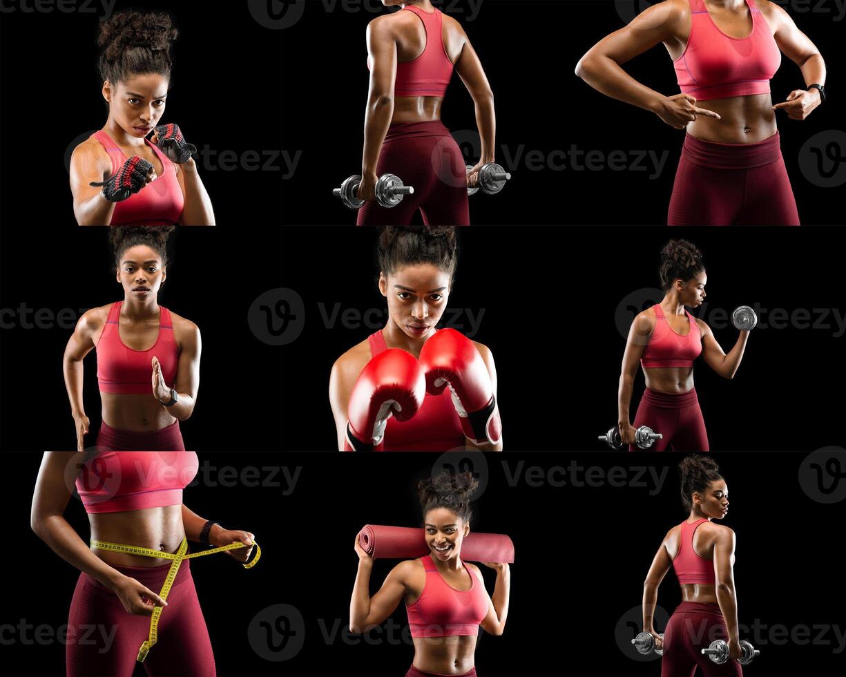 A young African American woman engaged in various fitness activities, demonstrating weightlifting, boxing, and body measurements. The vivid images highlight her strength and commitment to health. photo