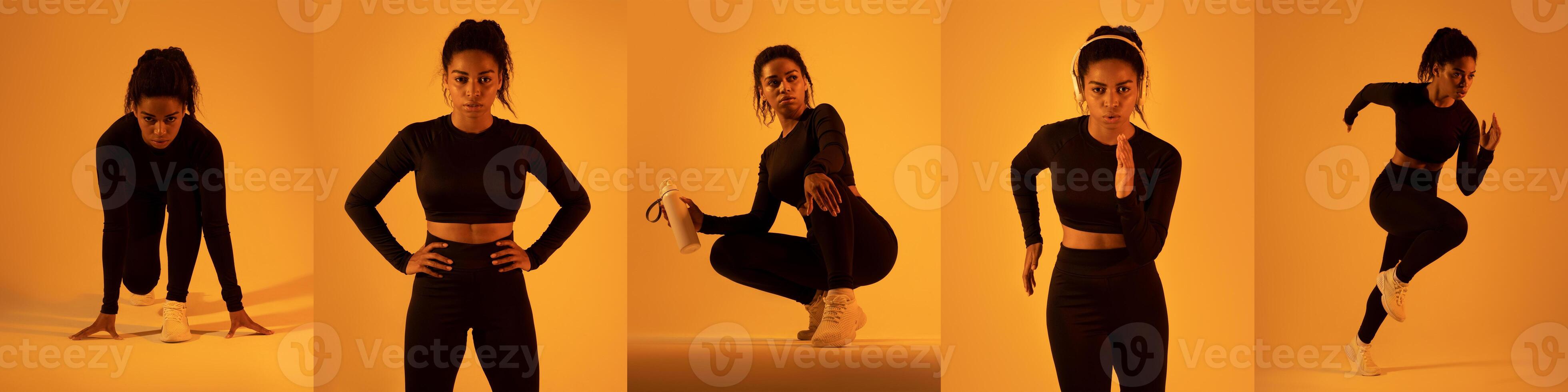 African American woman performs various exercises, including jumping, squatting, and running in a warmly lit studio. Her athletic attire and focused expressions highlight her dedication to fitness. photo