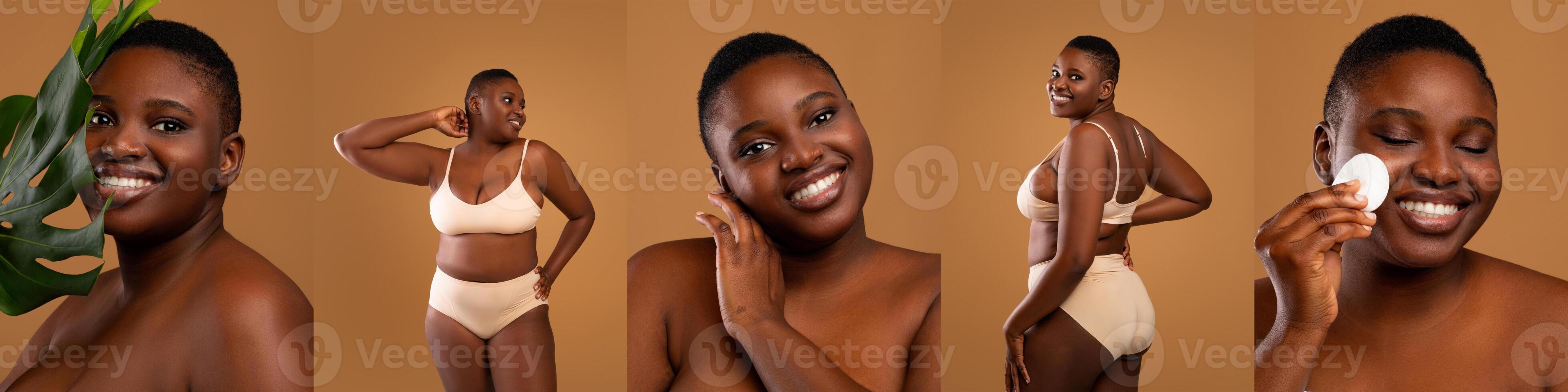A joyful African American woman poses in a series of expressive looks, embracing her body and sharing moments of self-care while surrounded by warm, earthy tones. photo