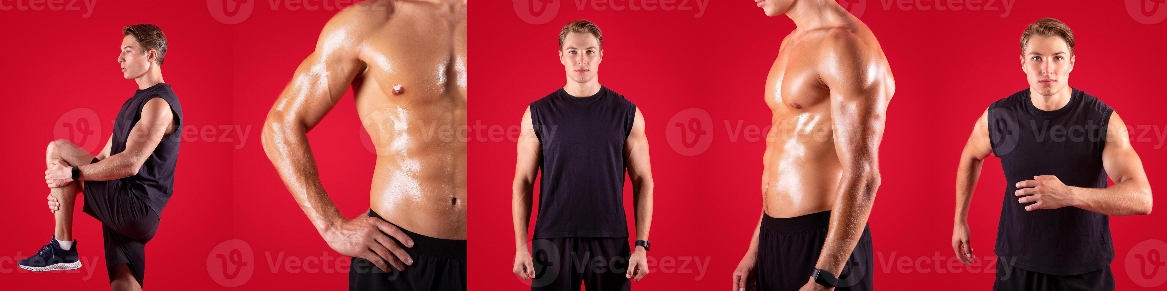 A fit man showcases various physical exercises, highlighting his toned physique. The vibrant red background enhances the focus on his movements and dedication to fitness. photo