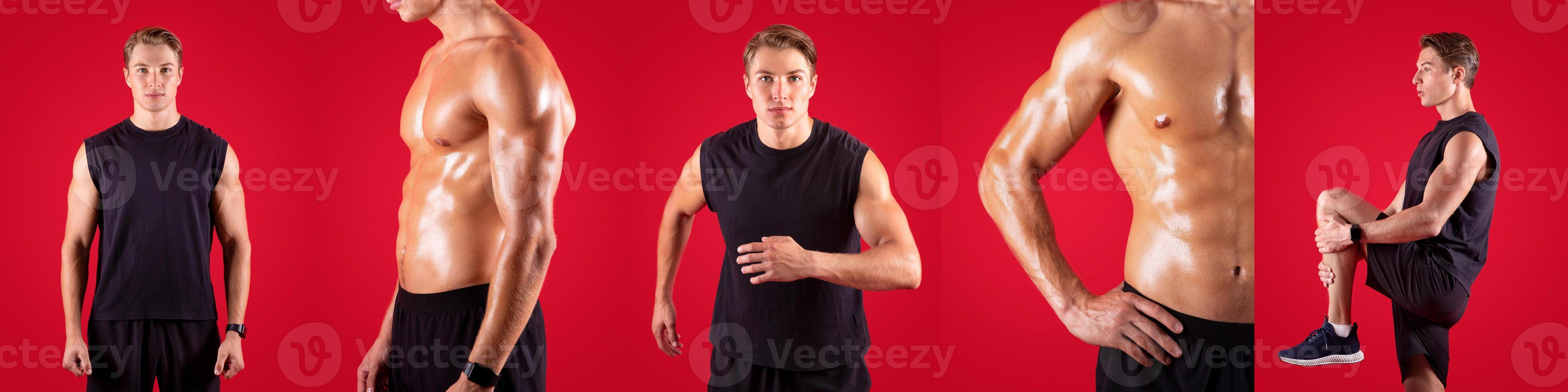 A fit man showcases multiple athletic poses, flexing his muscles and demonstrating running and stretching techniques. The bright red backdrop enhances the dynamic nature of his movements. photo