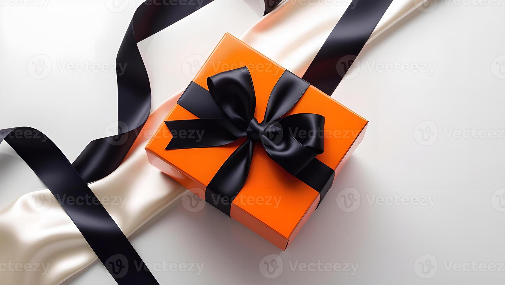 Orange gift box with black satin ribbon on white surface. Modern gift wrapping with luxurious ribbons photo