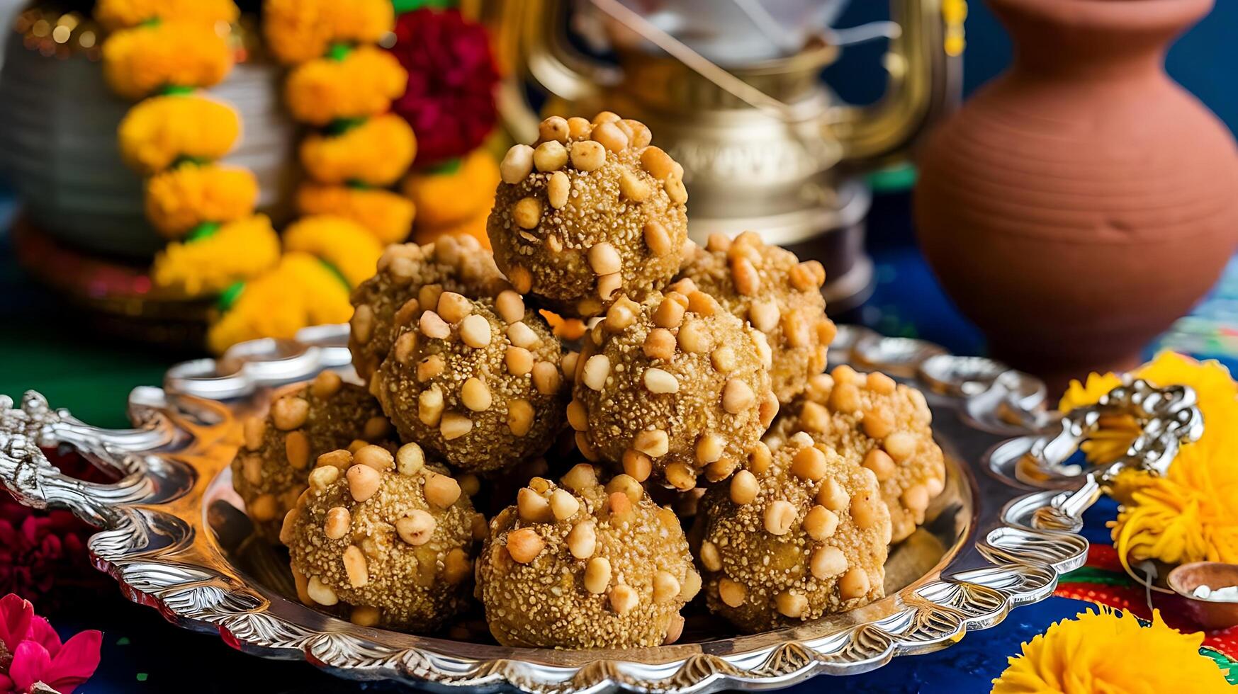 A plate of cookies on a table with flowers photo