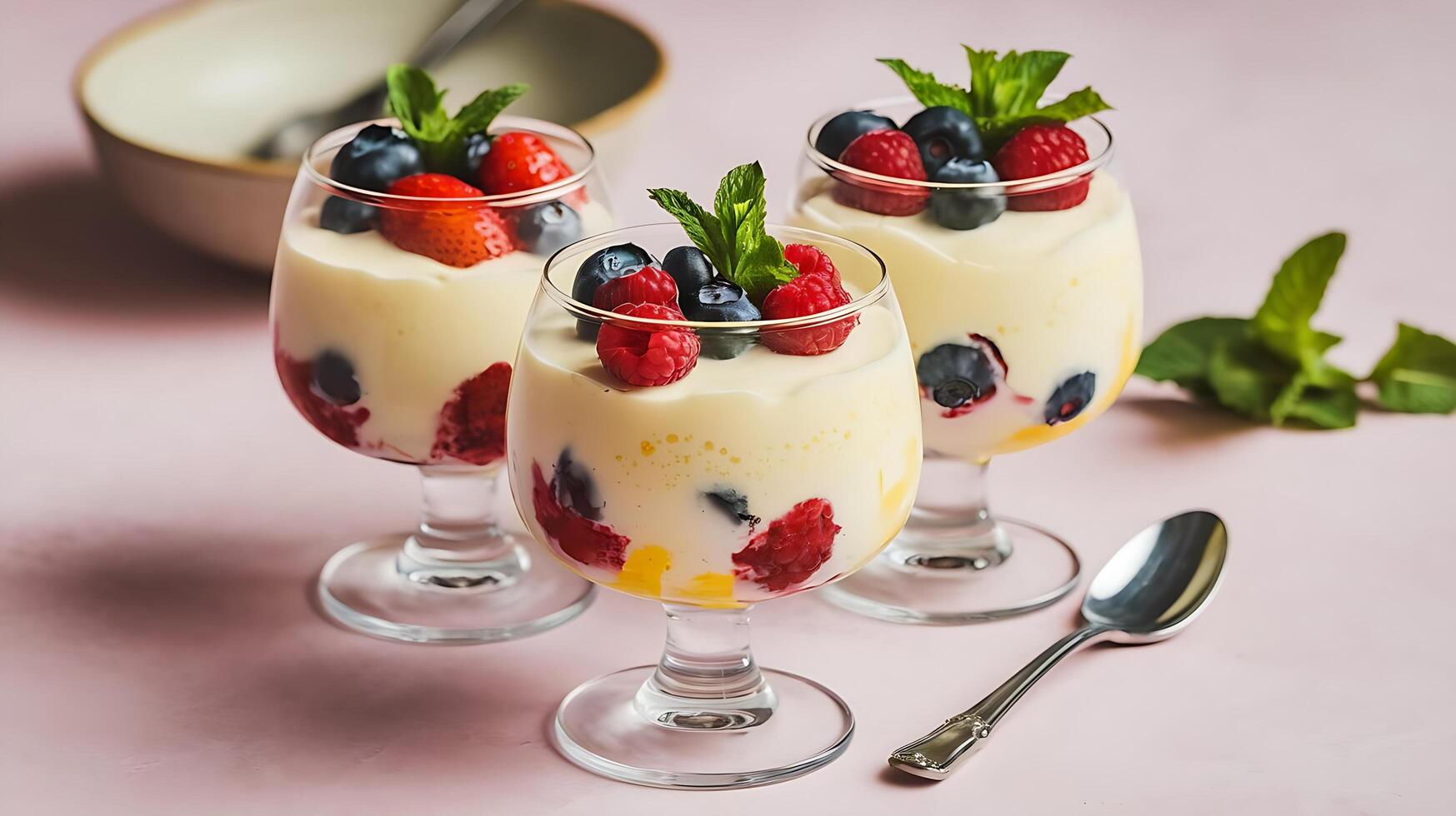 Three glasses of dessert with berries and mint photo