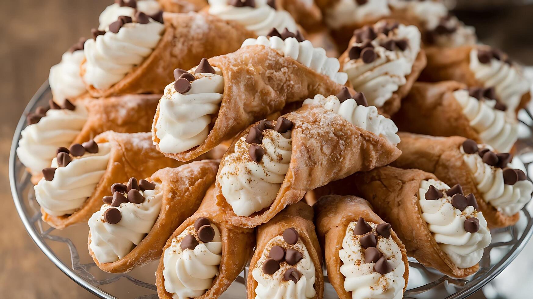 A plate of cream filled donuts with chocolate chips photo