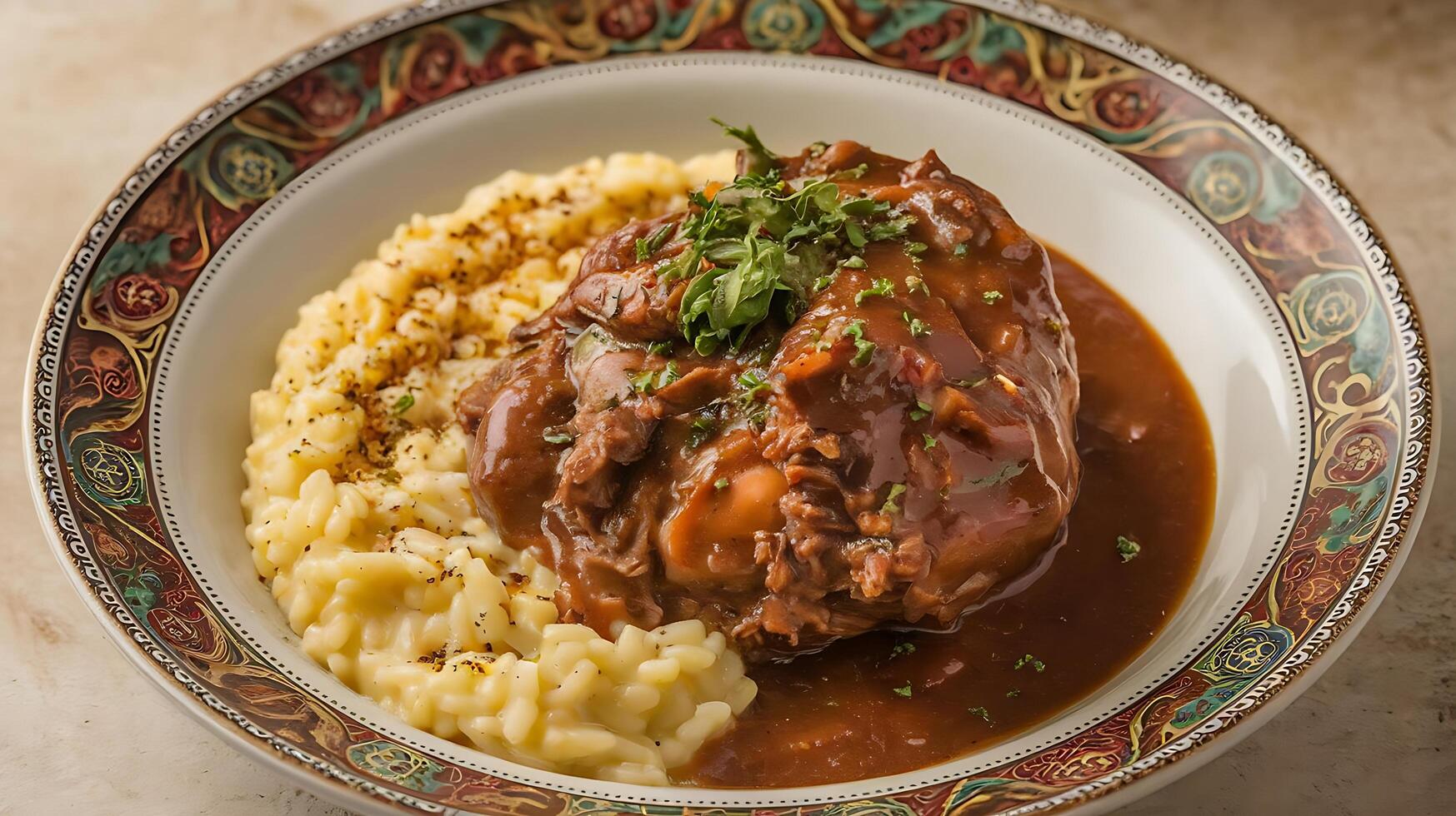 A plate of meat and gravy with mashed potatoes photo