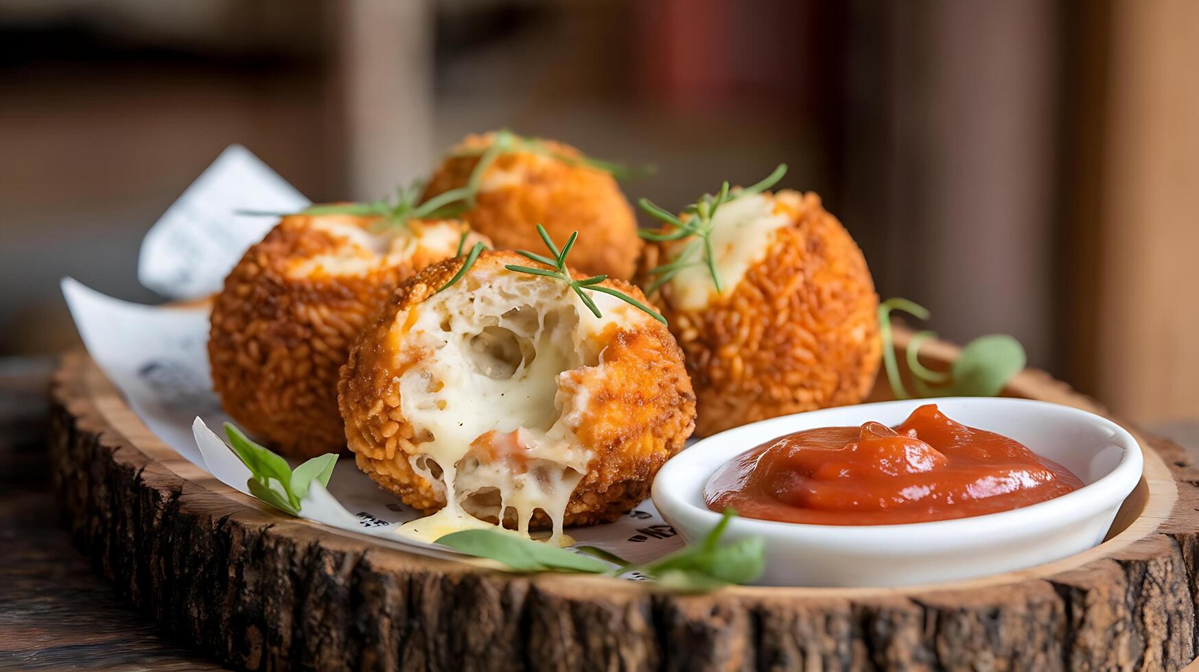 A plate with cheese balls and sauce on it photo