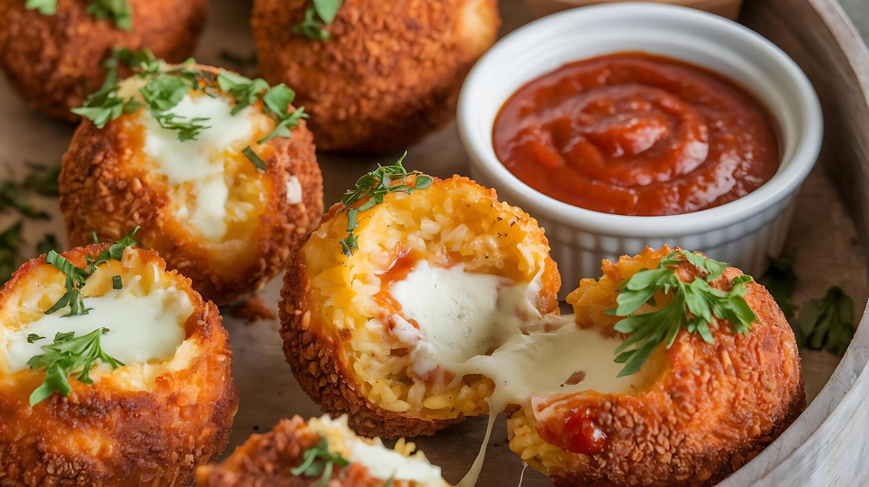 A plate of fried cheese balls with sauce photo