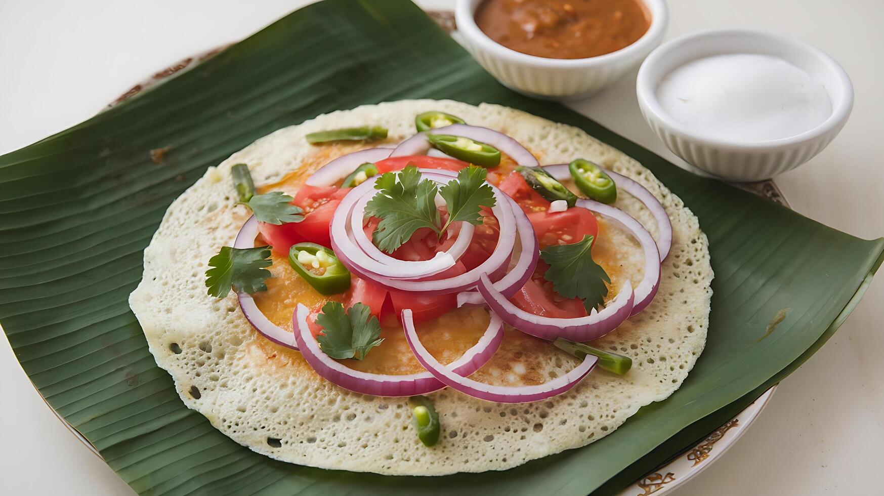 A plate with a pancake topped with onions and tomatoes photo