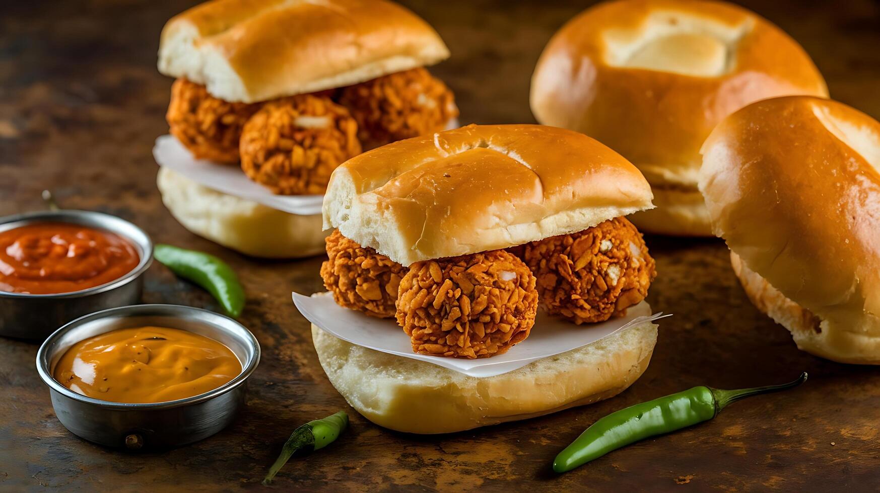 Three chicken tikka sliders with dipping sauces photo
