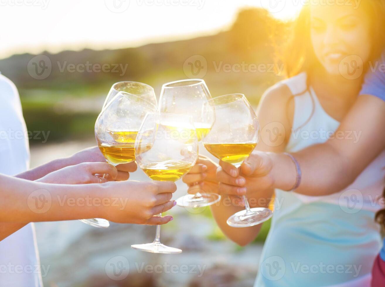 People holding glasses of white wine making a toast, photo