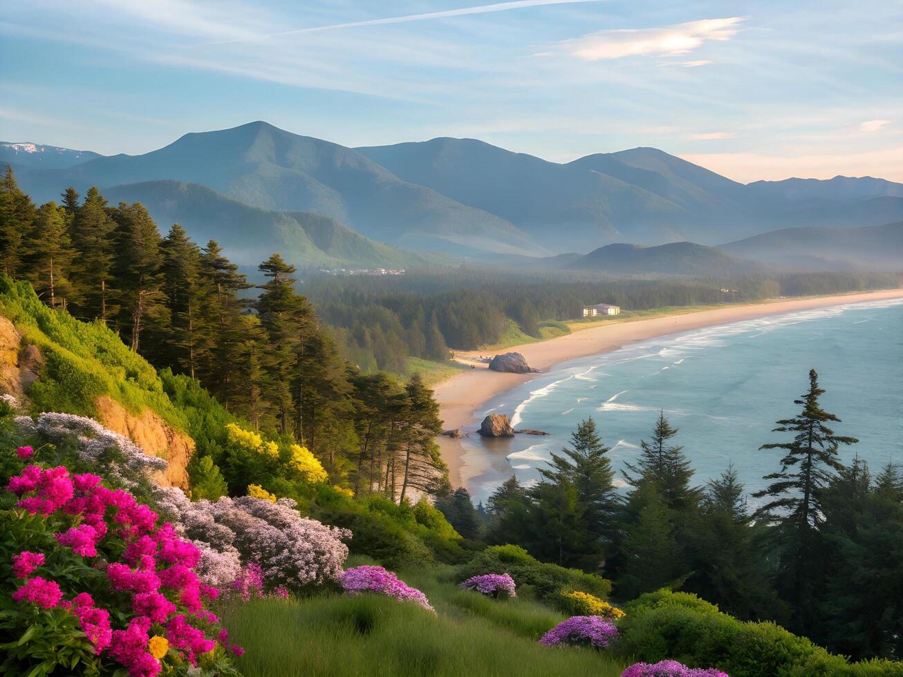 Majestic Coastal View with Lush Flora and Mountains photo