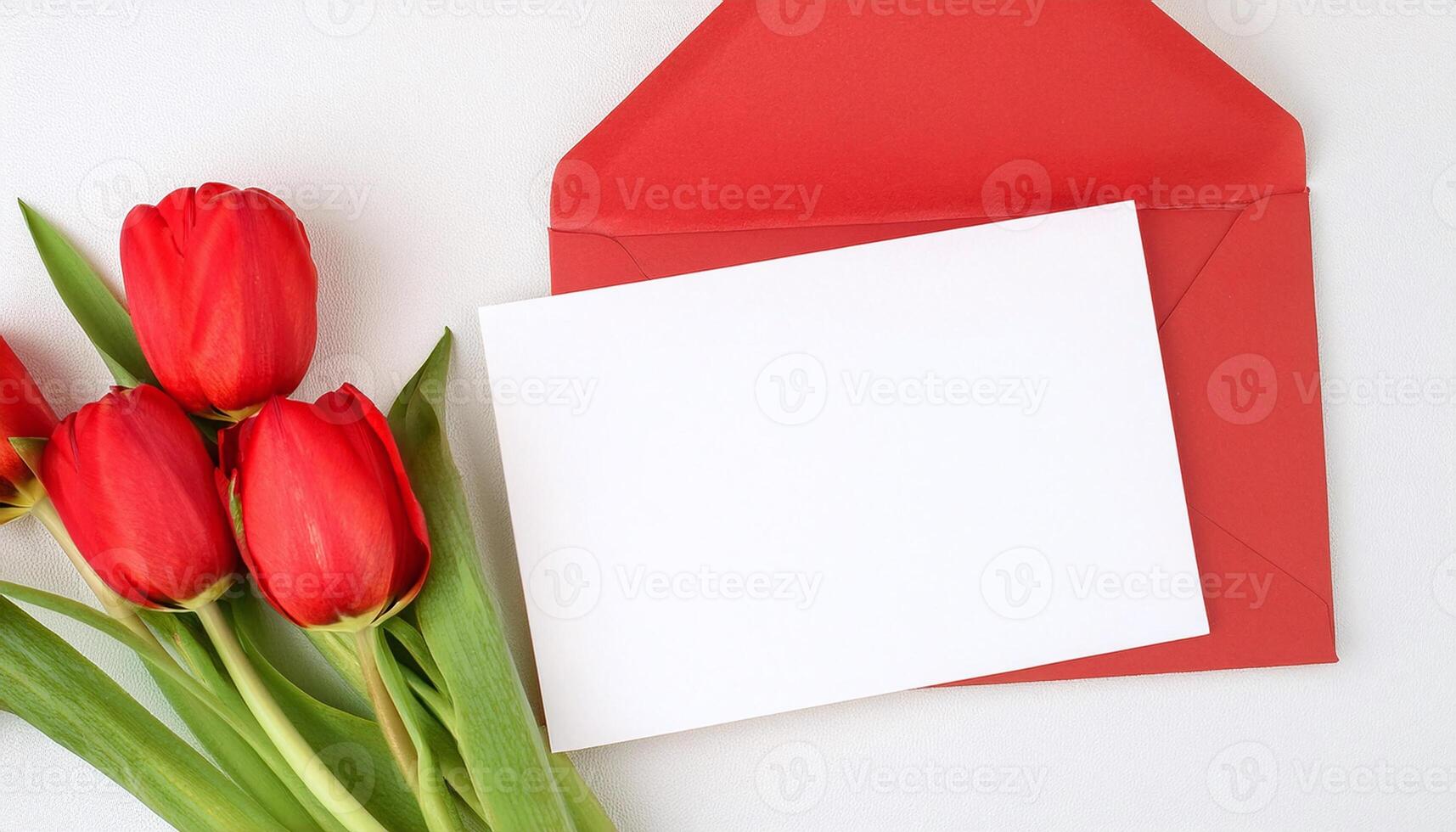 Blank Card with Envelope and Red Tulips on white photo