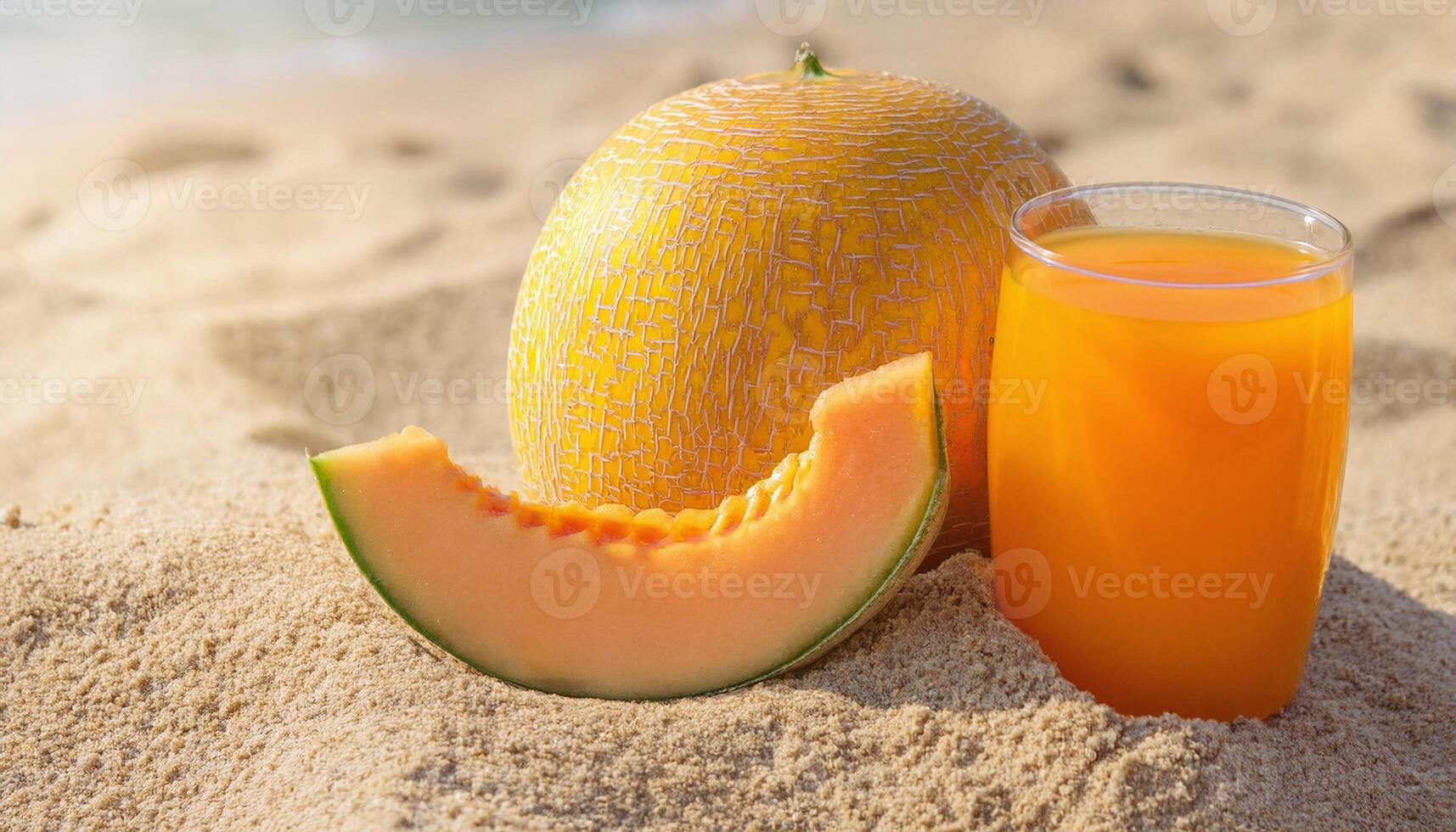 Melon with Glass of Juice on Sand photo