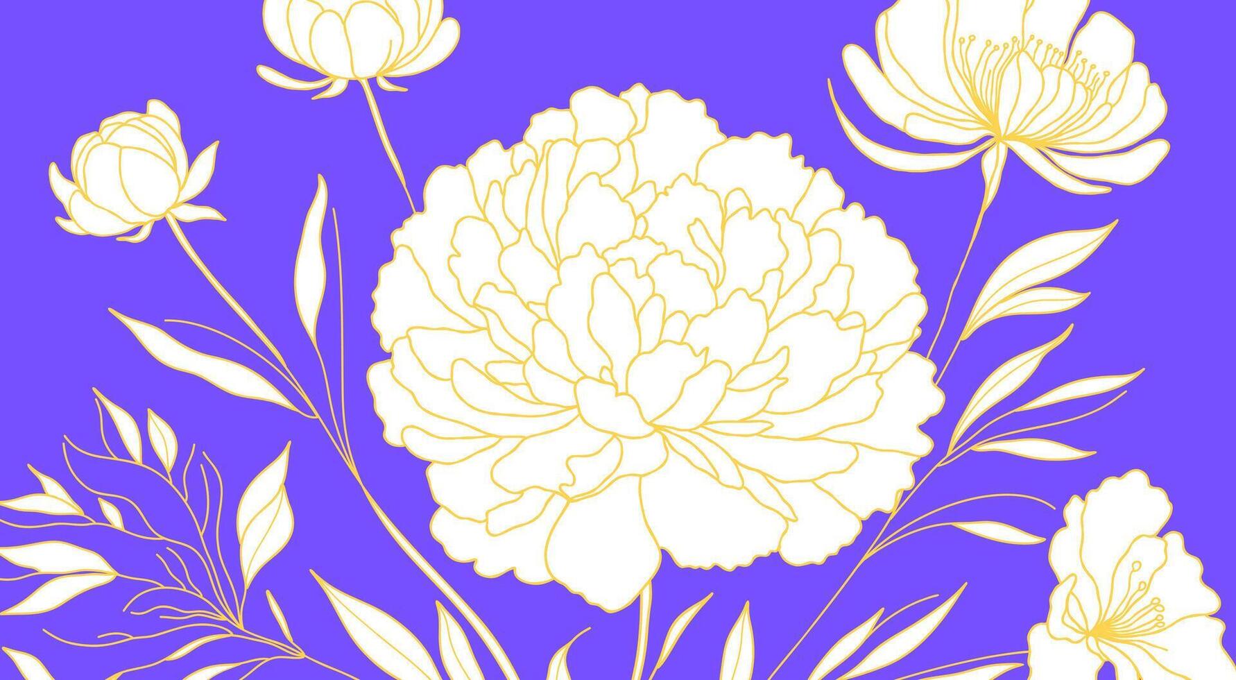 Flowers background. Peony and leaves on a violet background. For wall art, wedding invitations, greeting cards, packaging design, fabric prints. vector