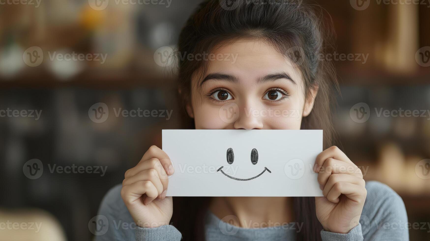 A sad young woman hides her emotions behind a smiley face card, masking her true feelings photo