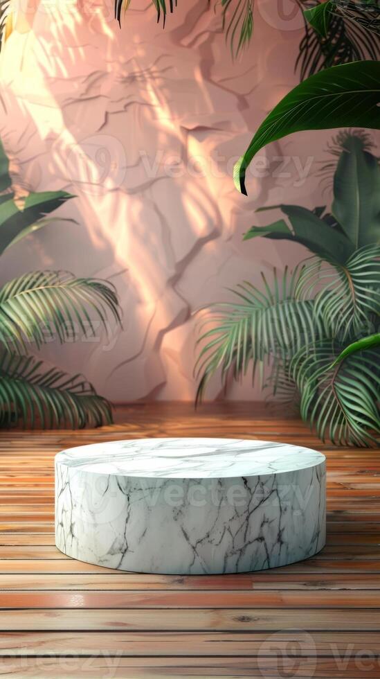 3D Advertising Marble Empty Podium with Natural Background. Tender Pastel Product Presentation Mockup Template. photo